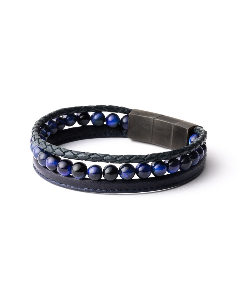 Gemini - Bracelet OLYMPUS Triple avec pierre d'Oeil de Tigre en 6 mm et cuir Nappa (triple bleu)